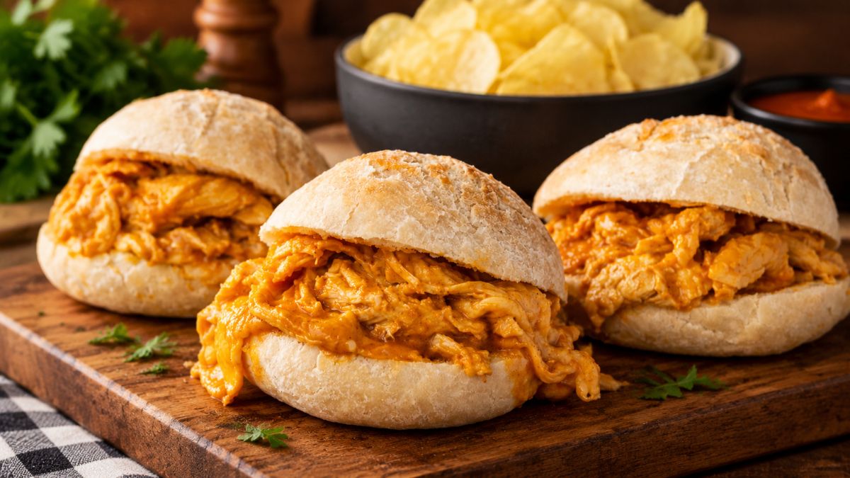 Três sanduíches de porco desfiado em molho de pimentão numa tábua de madeira com batatas fritas ao fundo.