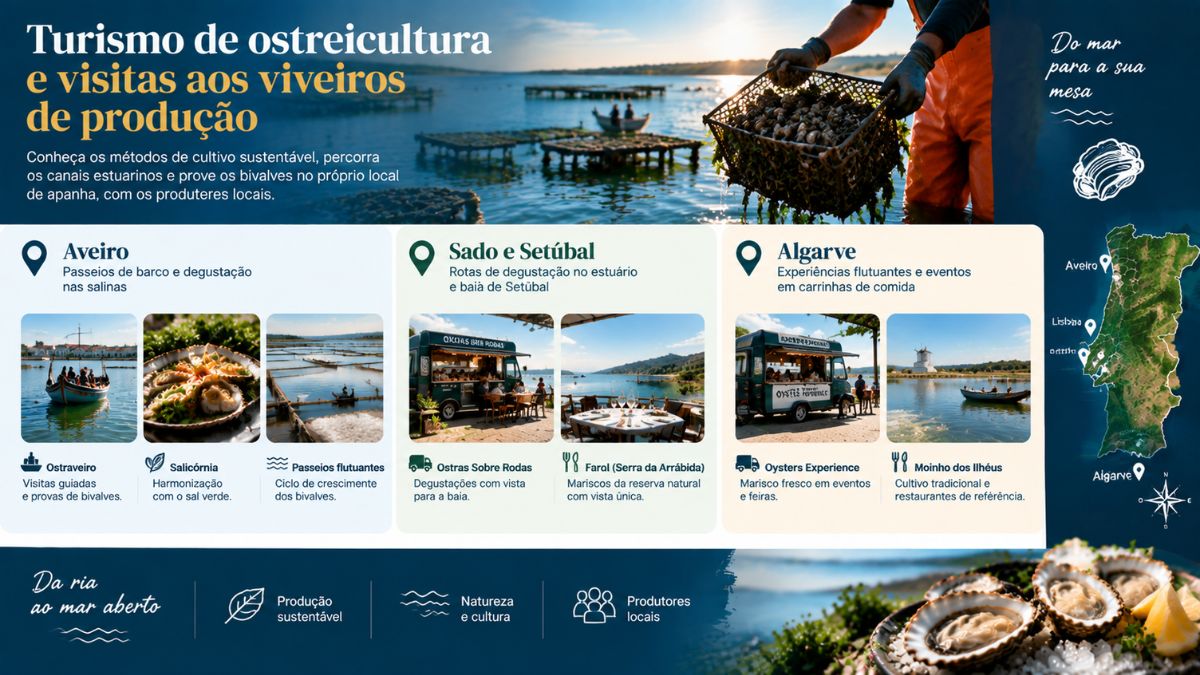 Infográfico sobre turismo de ostreicultura e visitas aos viveiros de produção em Aveiro, Sado, Setúbal e Algarve, incluindo passeios de barco e carrinhas de comida.