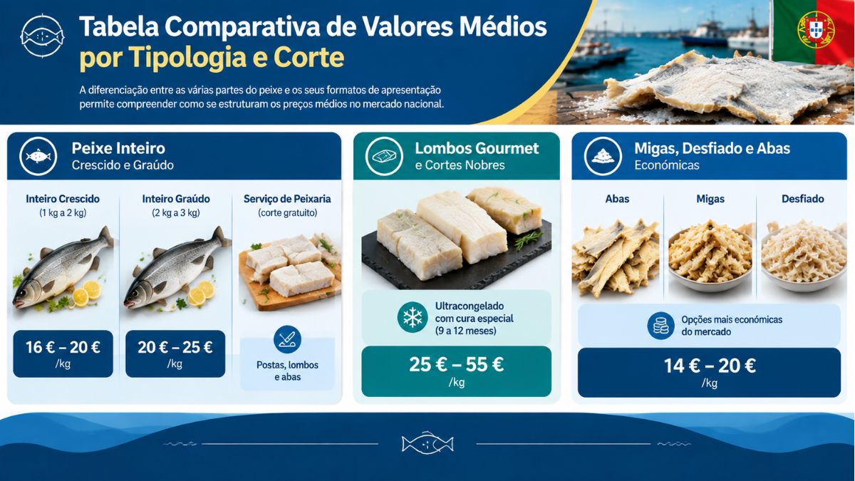 Tabela comparativa com preços de bacalhau em Portugal dividida em peixe inteiro crescido e graúdo, lombos gourmet ultracongelados e cortes económicos como migas, desfiado e abas.