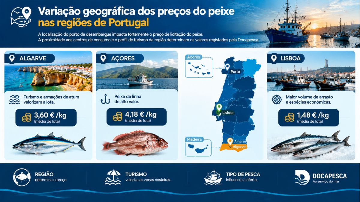 Infográfico com mapa de Portugal comparando os preços médios do peixe nas lotas do Algarve, Açores e Lisboa.