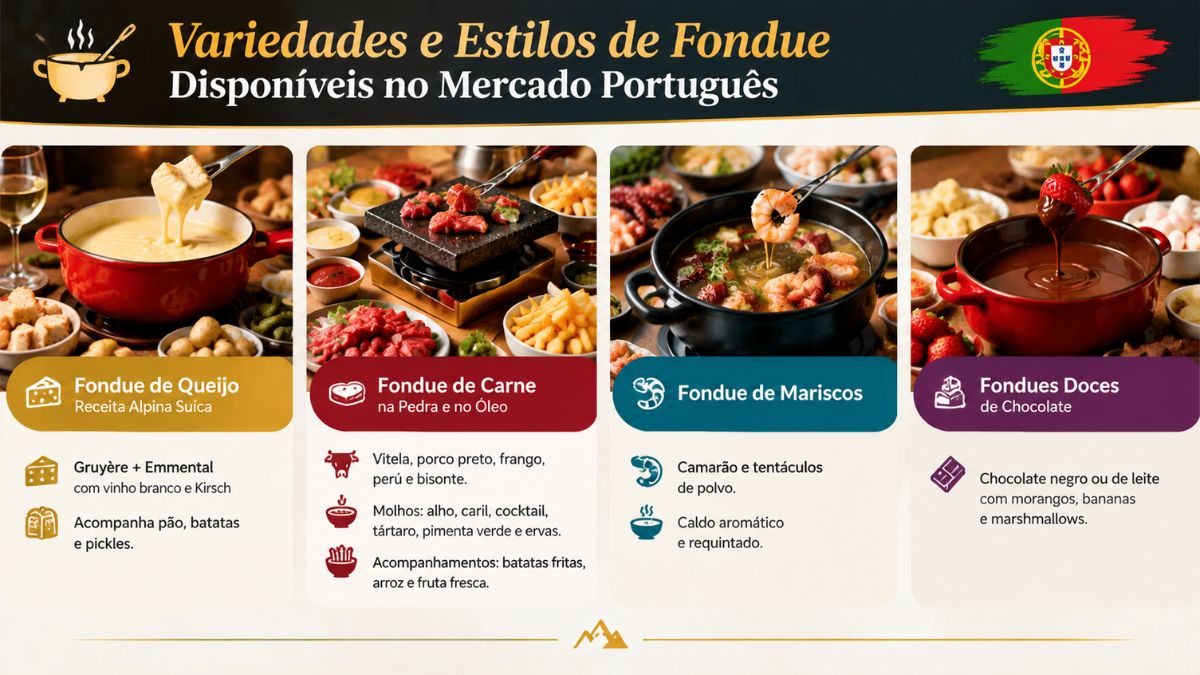 Infográfico com quatro modalidades de fondue em Portugal apresentando queijo tradicional, carnes na pedra e óleo, mariscos e chocolate doce.