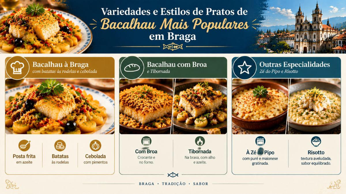 Infográfico com as variedades e estilos de pratos de bacalhau em Braga, destacando o Bacalhau à Braga, com broa, tibornada, à Zé do Pipo e risotto.
