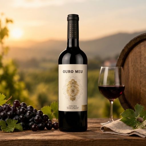 Garrafa de vinho tinto Ouro Meu centralizada sobre mesa de madeira em vinhedo português com cacho de uvas escuras e taça de vinho ao pôr do sol.