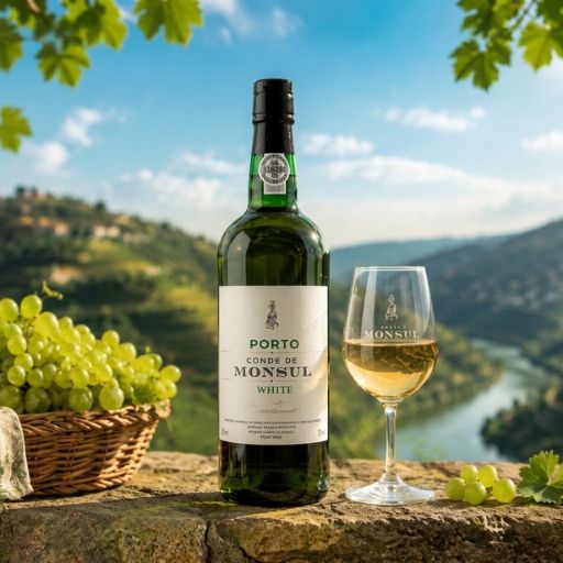 Uma garrafa de vinho do Porto Conde de Monsul Branco está ao lado de um copo cheio de vinho e uma cesta de uvas frescas sobre um muro de pedra rústico, com os vinhedos em terraços do vale do Douro ao fundo sob um céu azul ensolarado.