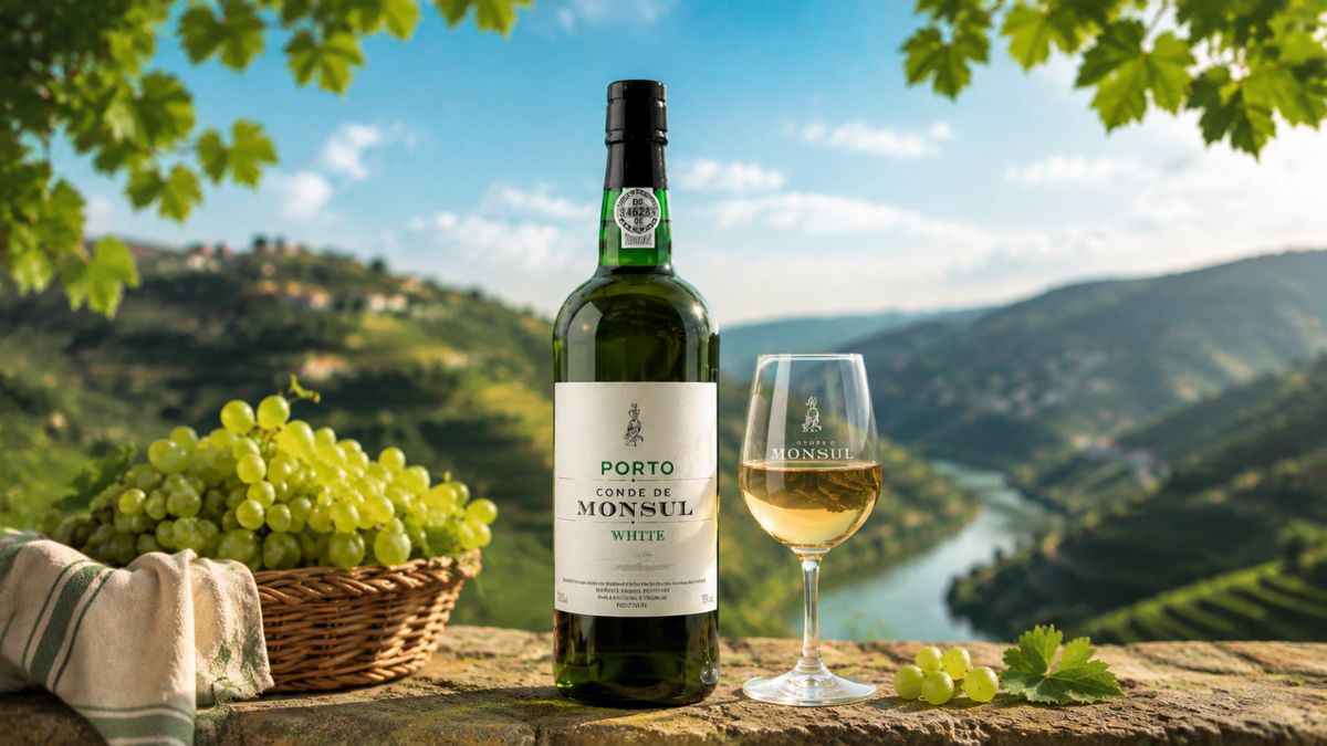 Garrafa de Vinho do Porto Conde de Monsul White ao lado de uma taça servida e cesta de uvas verdes em um vinhedo.