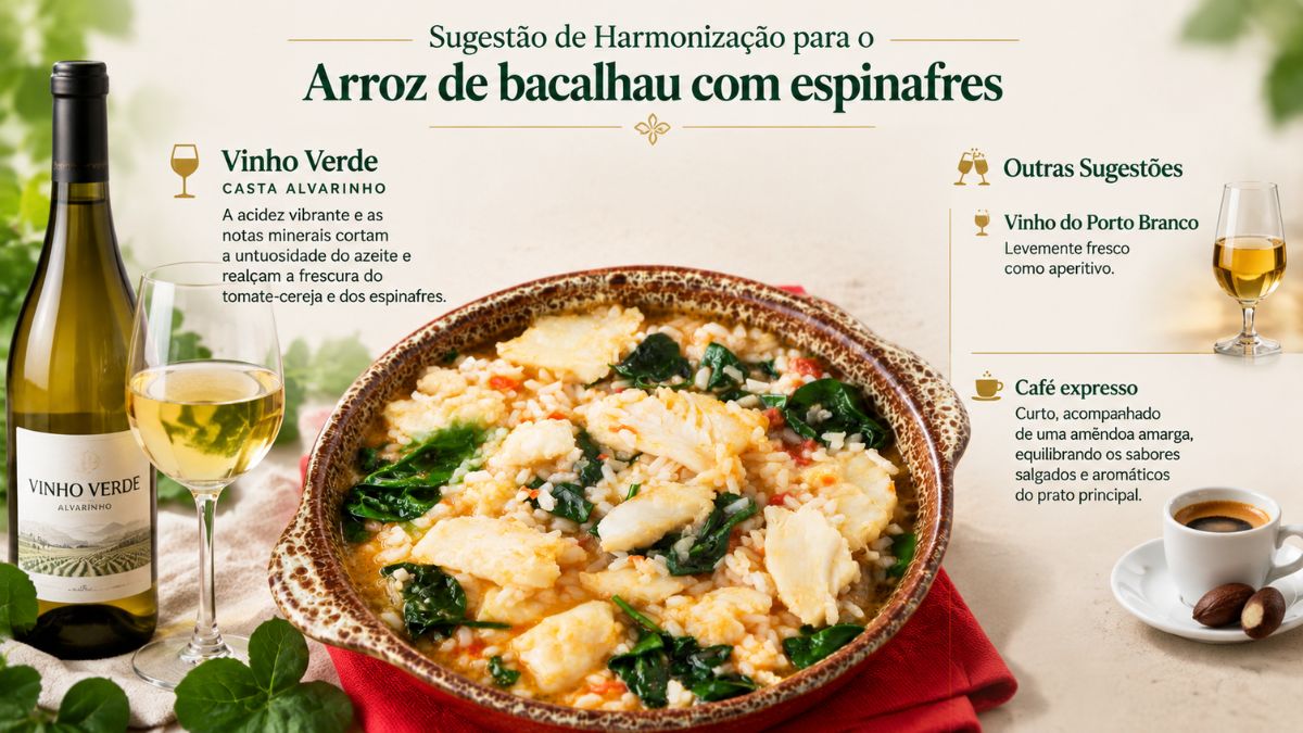 Infográfico de culinária e vinhos apresentando um prato de arroz de bacalhau cremoso ao centro. À esquerda, uma garrafa e um copo de Vinho Verde Alvarinho. À direita, sugestões de Vinho do Porto Branco e café expresso com amêndoa amarga.