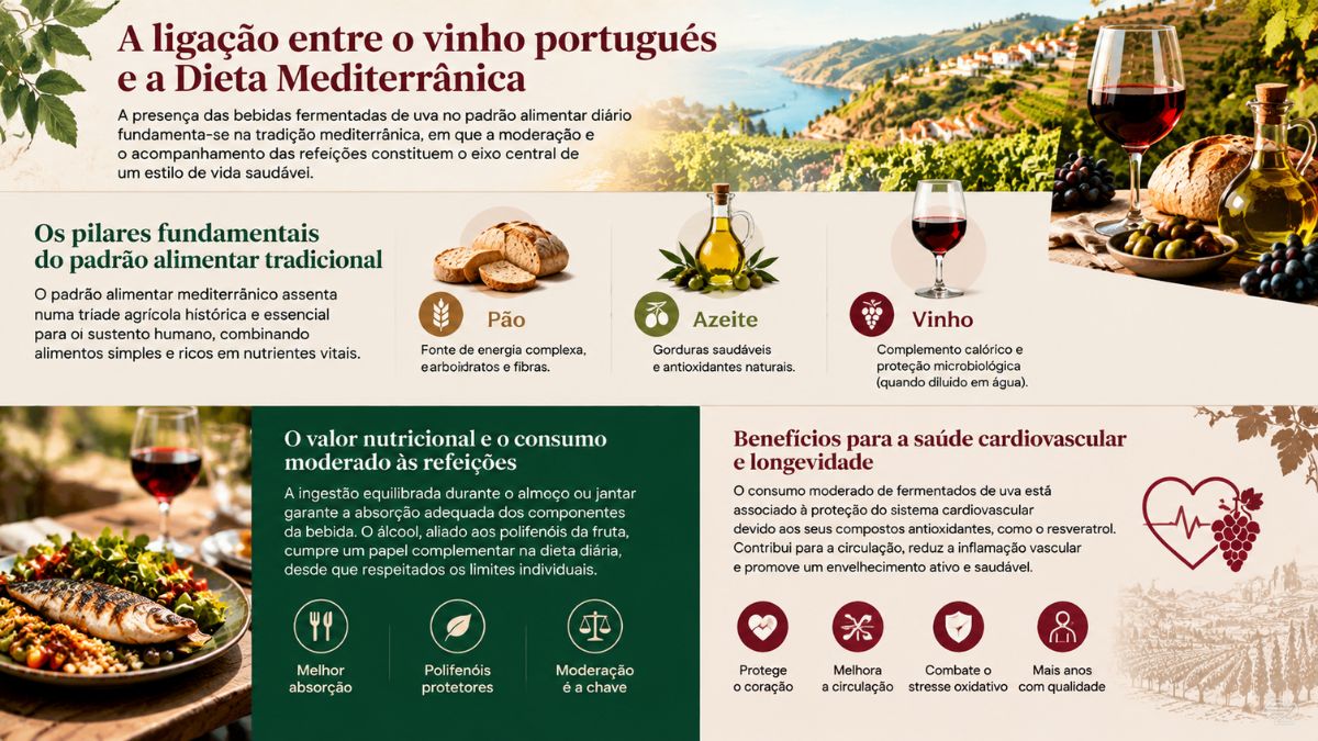 Infográfico explicativo sobre a ligação entre o vinho português e a Dieta Mediterrânica, destacando os pilares fundamentais como pão, azeite e vinho, o valor nutricional do consumo moderado às refeições e os benefícios para a saúde cardiovascular e longevidade.