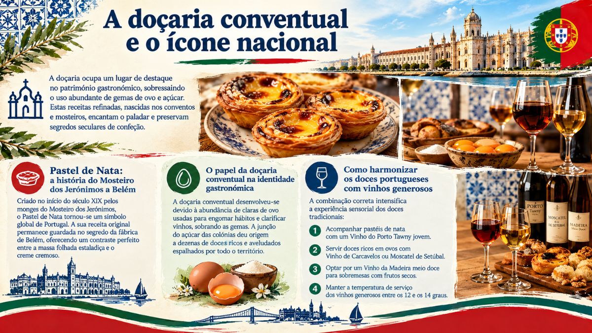 Infográfico sobre a doçaria conventual de Portugal apresentando o Pastel de Nata, a história dos mosteiros e a harmonização com vinhos generosos.