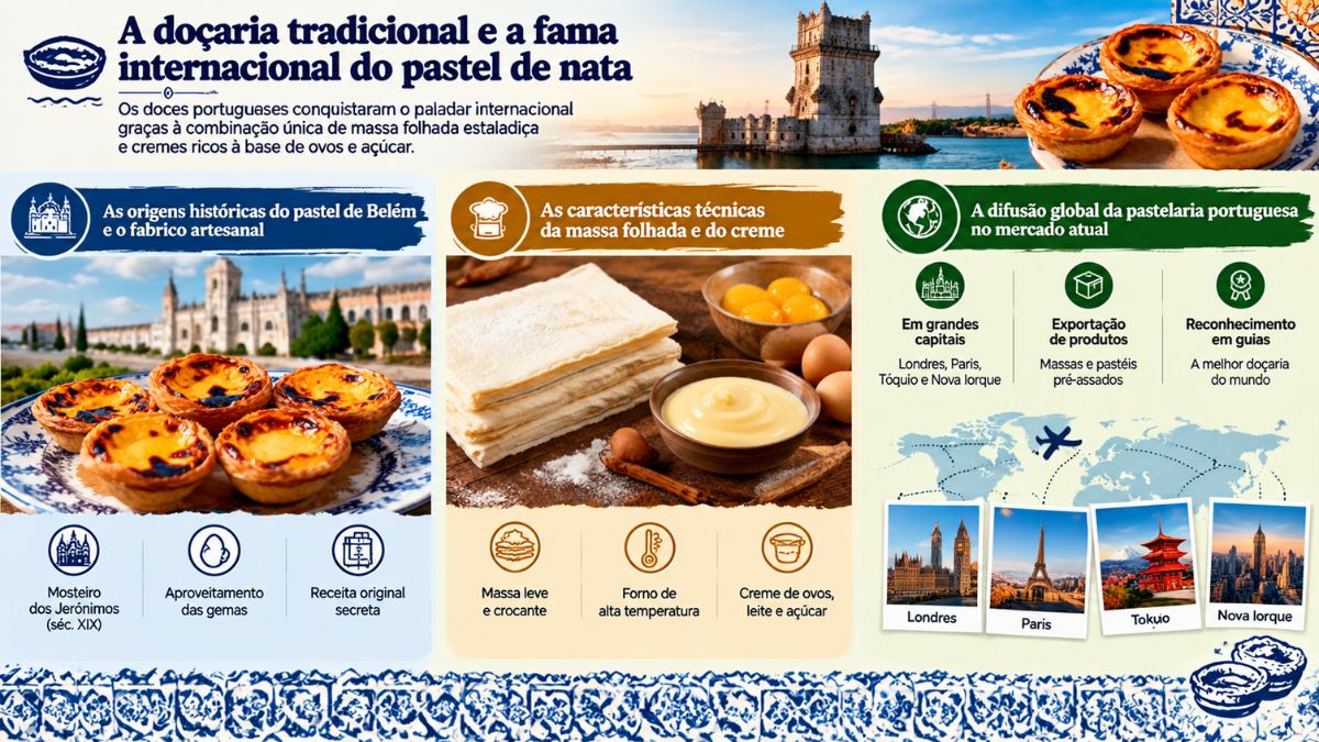 Infográfico sobre a doçaria tradicional portuguesa destacando as origens do pastel de Belém no Mosteiro dos Jerónimos, a massa folhada com creme de ovos e a expansão global para Londres, Paris, Tóquio e Nova Iorque.
