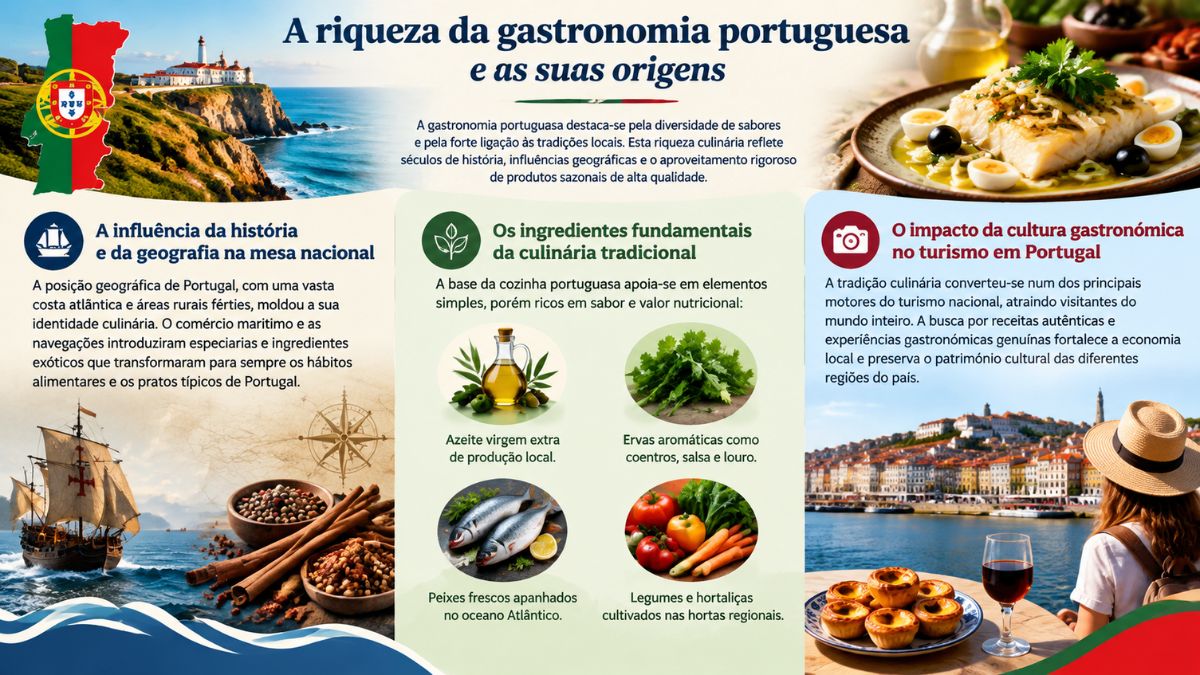 Infográfico sobre a riqueza da gastronomia portuguesa destacando a influência da história, ingredientes fundamentais da culinária e o impacto do turismo.