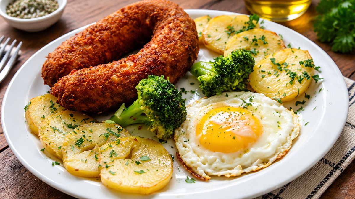 Prato branco de cerâmica contendo uma alheira de Mirandela frita e panada em forma de ferradura, acompanhada de batatas cozidas fatiadas com salsa picada, um ovo estrelado com a gema mole, floretes de brócolos cozidos e um fio de azeite, disposto sobre uma mesa de madeira rústica com talheres.