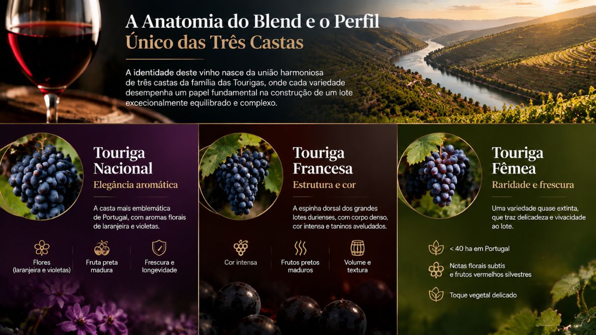 Infográfico explicativo sobre o Vinho Três Tourigas detalhando o perfil das castas Touriga Nacional, Touriga Francesa e Touriga Fêmea com vinhas do Douro.