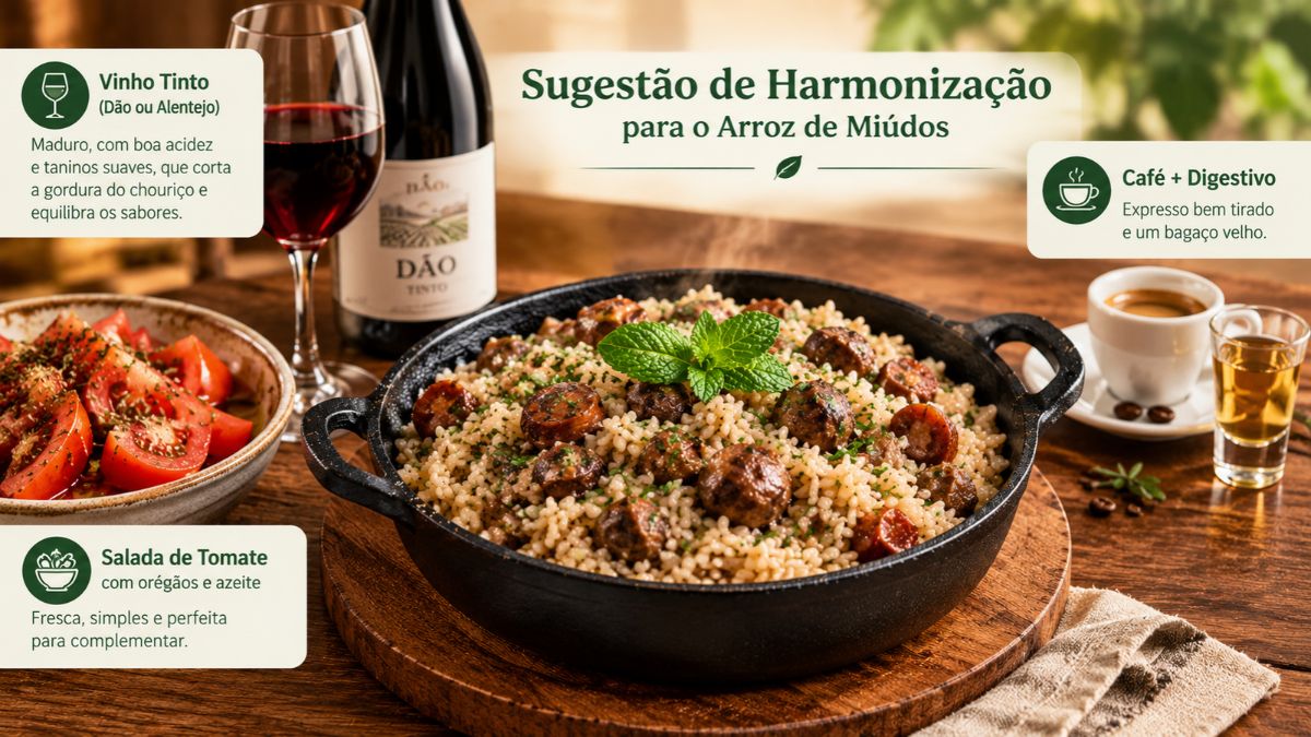 Uma imagem de infográfico que detalha sugestões de harmonização para o prato tradicional português Arroz de Miúdos. No centro, uma panela de ferro preta com arroz e miúdos, acompanhada por opções de pairing. À esquerda, uma garrafa e taça de Vinho Tinto do Dão ou Alentejo. Embaixo, uma Salada de Tomate com orégãos e azeite. À direita, um Café espresso e um copo de Digestivo com bagaço velho.