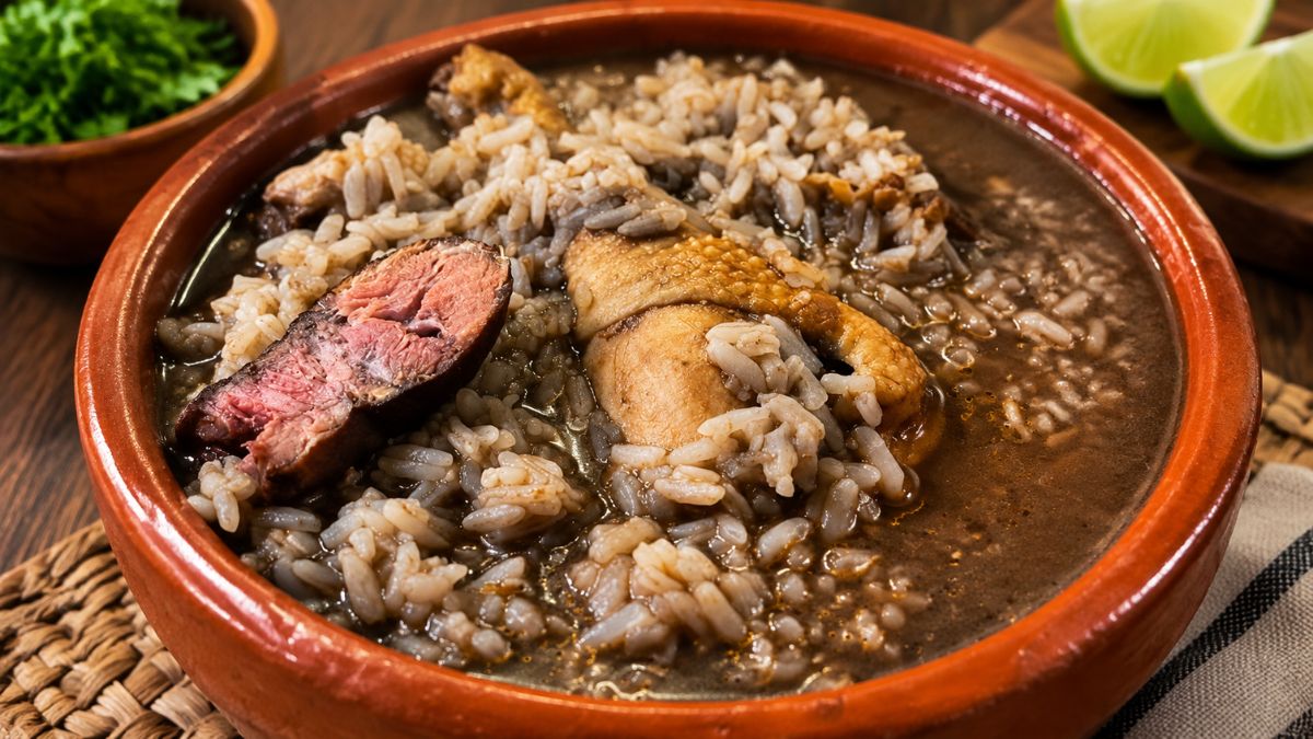 Fotografia em grande plano de um tacho de barro rústico com arroz de pica no chão, também conhecido como arroz de cabidela, mostrando a carne de frango estufada e o arroz carolino misturado com o molho escuro e aveludado à base de sangue e vinagre. Um pedaço de chouriço de sangue é visível em primeiro plano. O fundo inclui uma taça com salsa e limas fatiadas.