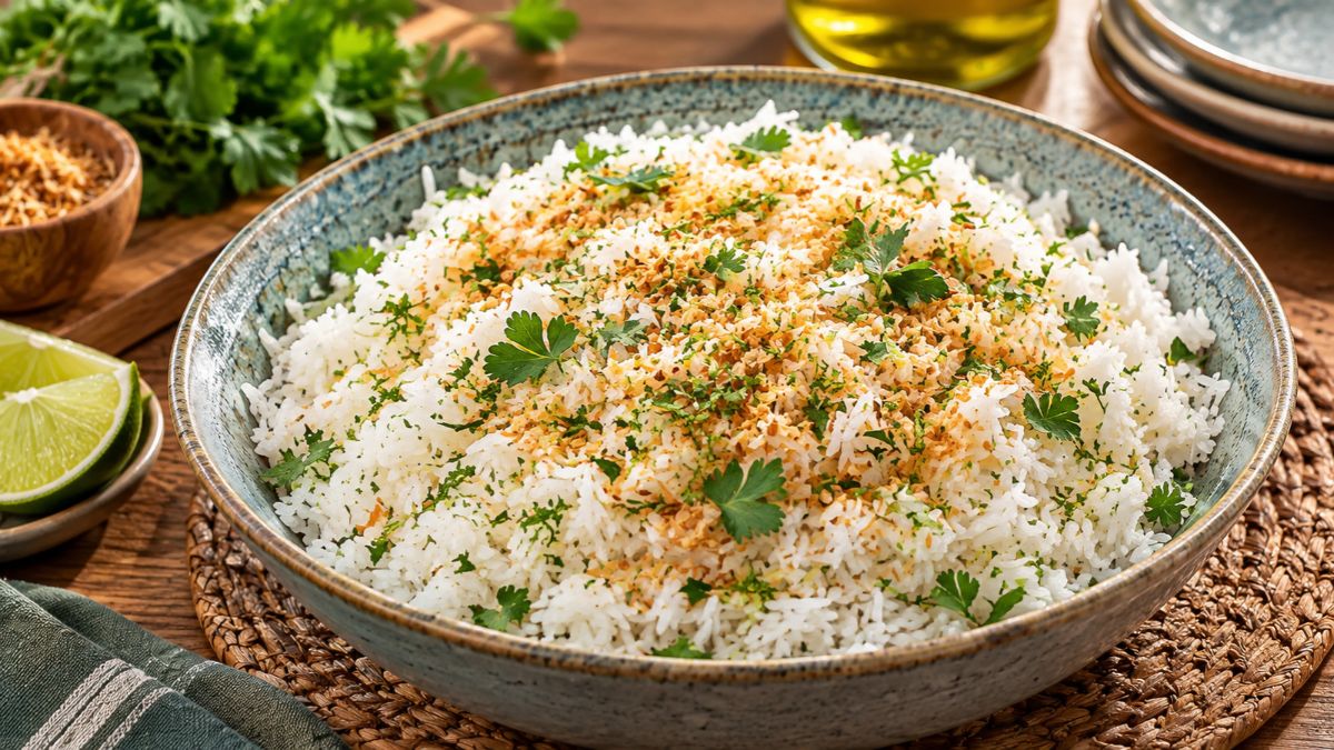 Taça grande com arroz de coco basmati, coberta com coco tostado ralado e coentros picados, acompanhada por rodelas de lima.