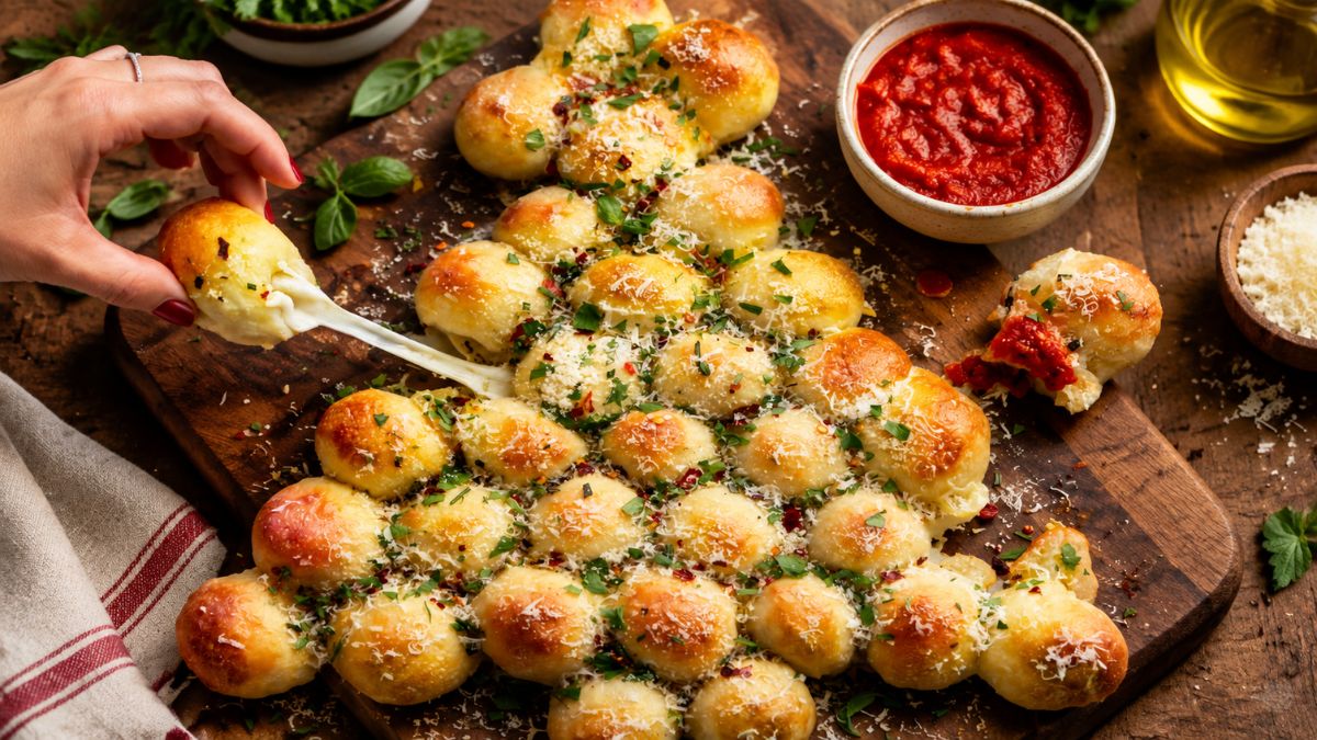 Árvore de Natal feita com pães de queijo dourados e polvilhados com queijo parmesão e ervas frescas sobre uma tábua de madeira acompanhada por molho de tomate.