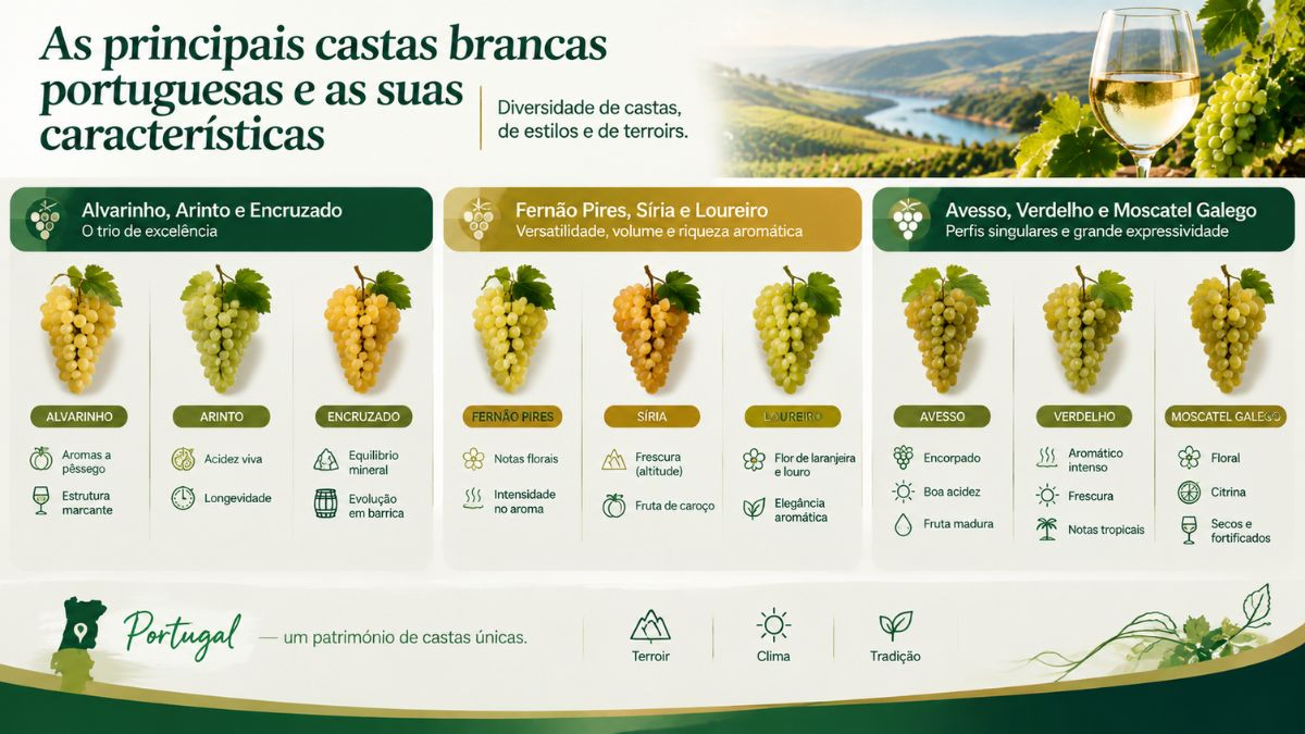 Infográfico com as principais castas brancas portuguesas e suas características de sabor, aroma e estilo de vinho.