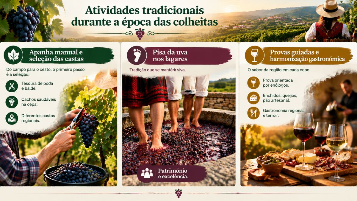 Infográfico detalhado sobre as atividades tradicionais durante a época das colheitas em Portugal. O visual ilustra a apanha manual e seleção das castas, a pisa da uva em lagares de pedra e as provas guiadas com harmonização gastronómica.