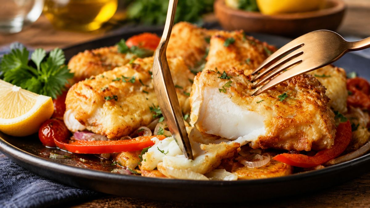 Lombo de bacalhau frito panado com crosta dourada e crocante servido com rodelas de limão e pimentos numa travessa.