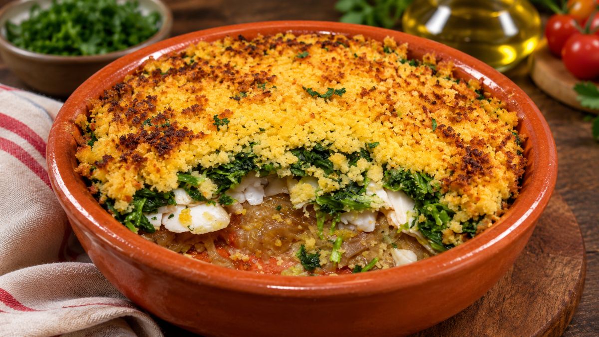 Tigela de barro rústica cheia de bacalhau com broa e espinafres, mostrando camadas de batata, lascas de bacalhau, espinafres refogados e cobertura de broa crocante dourada, em fundo de cozinha com azeite e tomate.