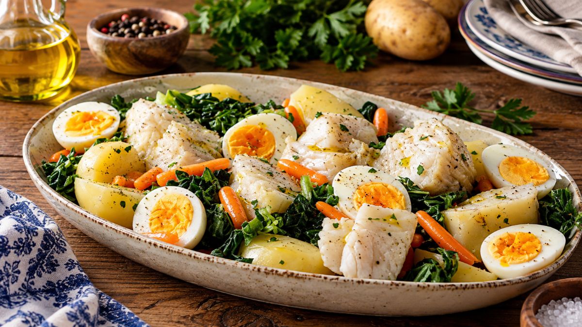Prato com lombos de bacalhau cozido, couve-portuguesa salteada, cenoura baby, batatas e ovos cozidos cortados ao meio e regados com azeite.