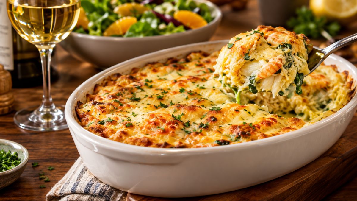 Assadeira de cerâmica branca com bacalhau espiritual cremoso e gratinado com queijo, camarões e espinafres, sendo servido com uma colher de servir.