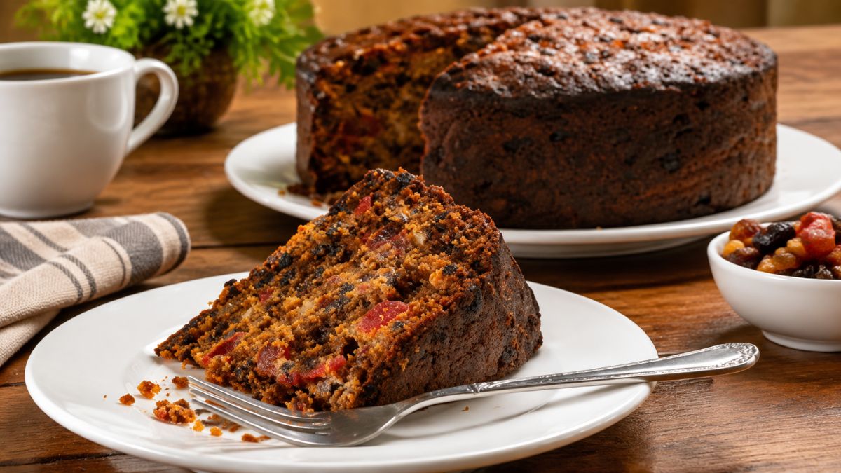 Uma fatia de bolo de Natal tradicional dos Açores com frutas cristalizadas vermelhas e frutos secos visíveis numa mesa de madeira com chá e o bolo inteiro ao fundo.