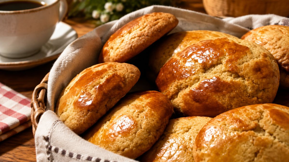 Broas de Natal tradicionais portuguesas caseiras com cobertura dourada e brilhante, servidas num cesto de pão com pano de tecido e uma xícara de café ao fundo.