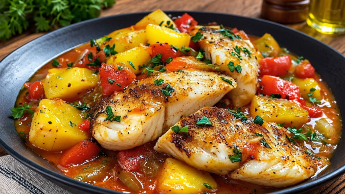 Prato fundo com caldeirada de peixe tradicional portuguesa com lombos de peixe suculentos, batatas amarelas, pimentos vermelhos, molho de tomate e ervas frescas.