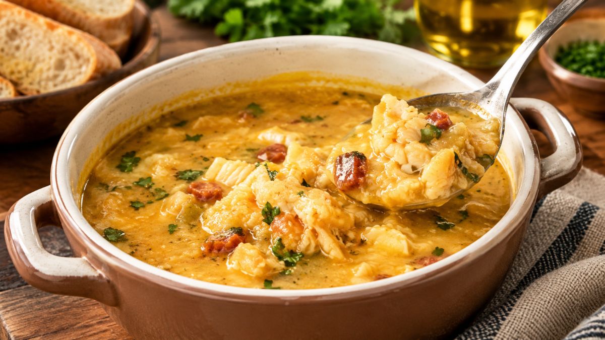 Taça de barro com caldo de bacalhau e feijão-branco polvilhado com coentros frescos e servido com uma colher de metal.
