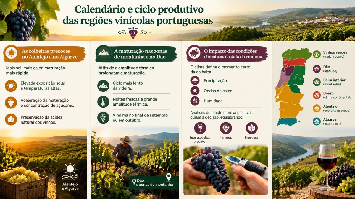 Infográfico explicativo sobre o calendário e ciclo produtivo das regiões vinícolas portuguesas. A imagem mostra as colheitas precoces no Alentejo e Algarve, a maturação tardia no Dão e montanhas, a análise de mosto e o mapa de Portugal.