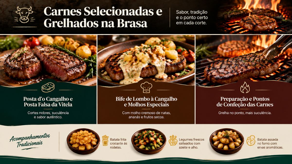 Infográfico do restaurante O Cangalho com opções de carnes grelhadas na brasa, posta de vitela, bife de lombo e acompanhamentos tradicionais em Vila do Conde.