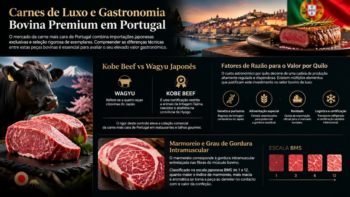 Infográfico explicativo sobre carnes de luxo em Portugal, detalhando as diferenças entre Kobe Beef e Wagyu Japonês, a escala BMS de marmoreio e os fatores que definem o elevado preço por quilo.