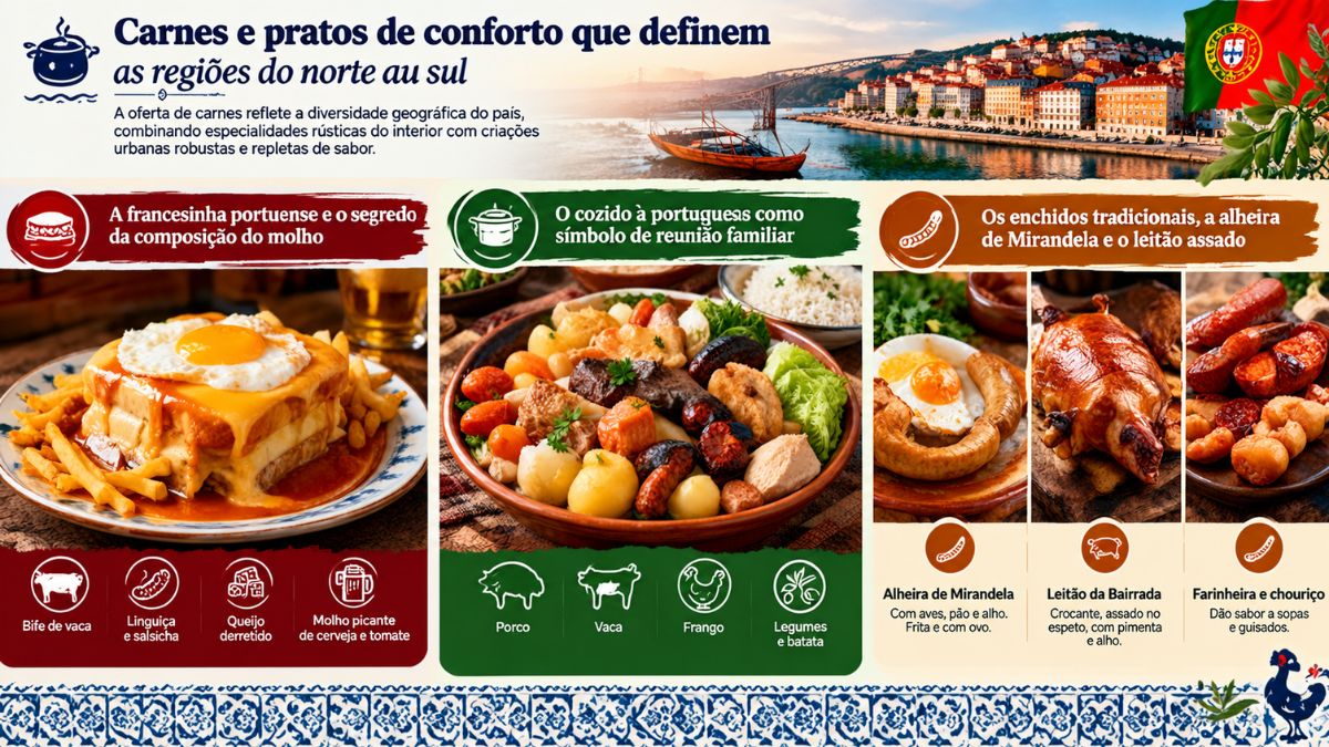 Infográfico com pratos de carne da gastronomia portuguesa mostrando a francesinha portuense com molho e ovo, o cozido à portuguesa farto com enchidos e vegetais, alheira de Mirandela, leitão da Bairrada e chouriço.