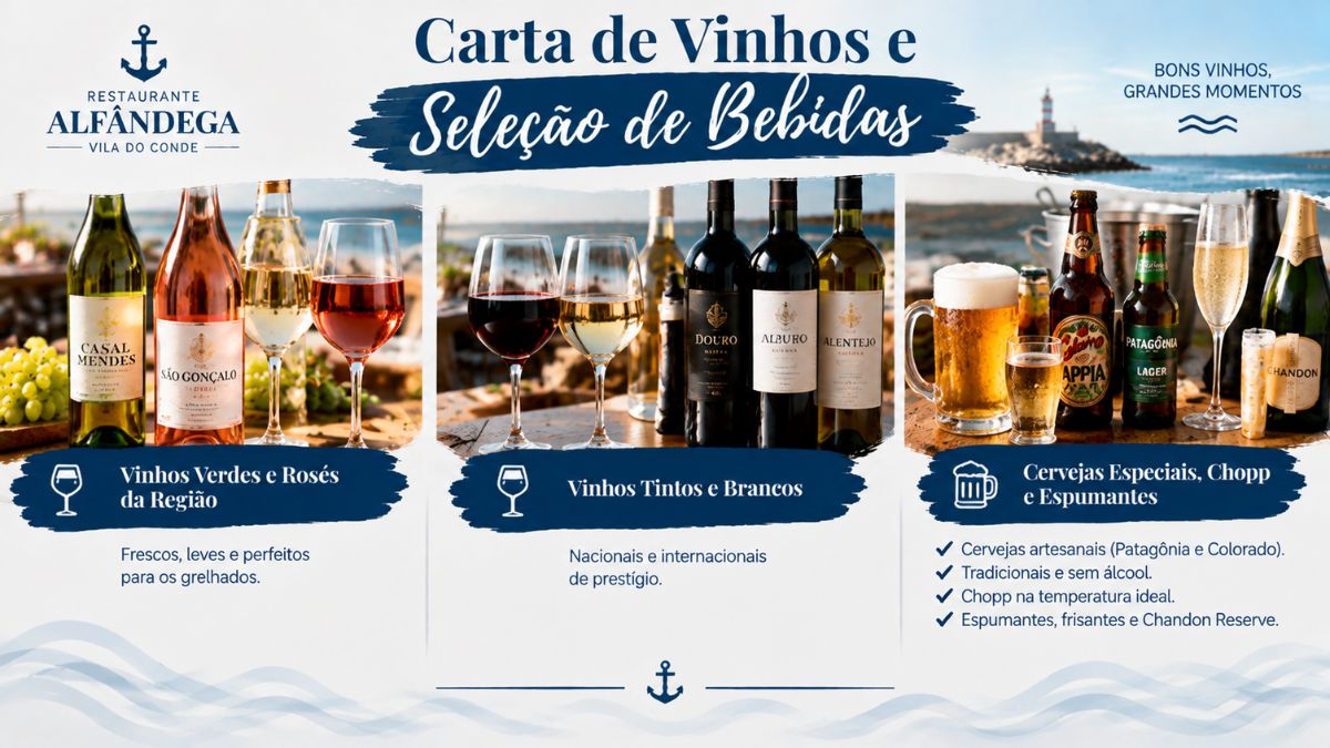 Garrafas de Vinhos Verdes rosés tintos e brancos cervejas especiais chopp e espumantes no restaurante Alfândega em Vila do Conde.