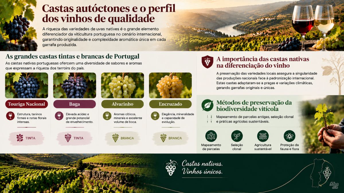 Infográfico explicativo sobre castas autóctones e o perfil dos vinhos portugueses de qualidade, apresentando uvas como Touriga Nacional, Baga, Alvarinho e Encruzado, a importância das castas nativas e os métodos de preservação da biodiversidade vitícola.