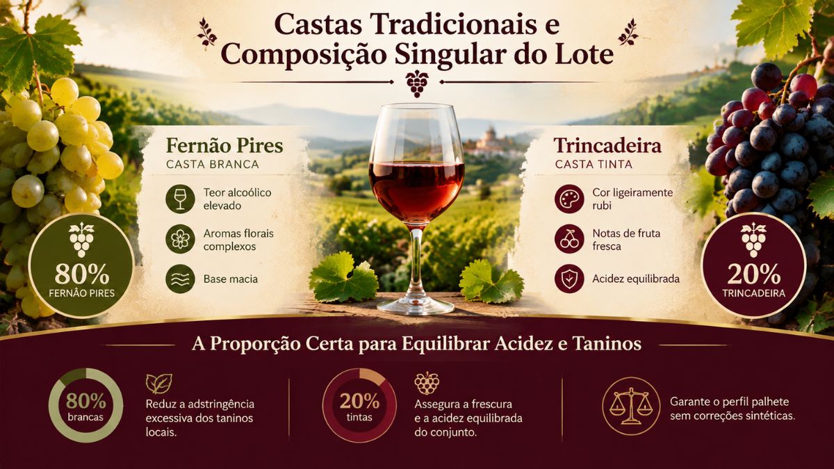 Infográfico explicativo das castas Fernão Pires e Trincadeira com a proporção de oitenta por cento de uvas brancas e vinte por cento de uvas tintas do Vinho Medieval de Ourém.