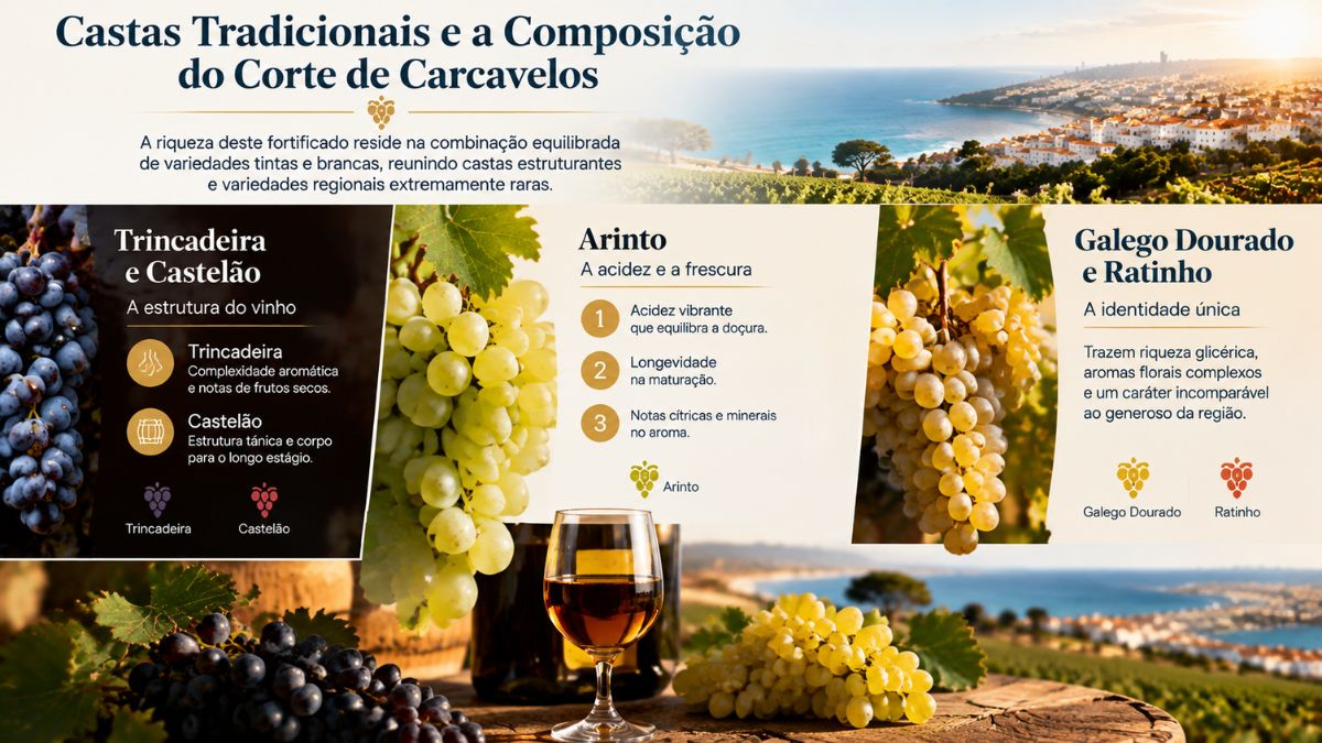 Infográfico explicativo sobre as castas de uva do Vinho de Carcavelos dividido em três blocos principais. A secção esquerda apresenta as uvas tintas Trincadeira e Castelão com os seus benefícios de estrutura e aromas. A secção central mostra um grande cacho de uvas brancas Arinto e um copo de vinho fortificado com três pontos sobre acidez e longevidade. A secção direita destaca as raras variedades de uvas locais Galego Dourado e Ratinho sobre um fundo de costa marítima em Portugal.