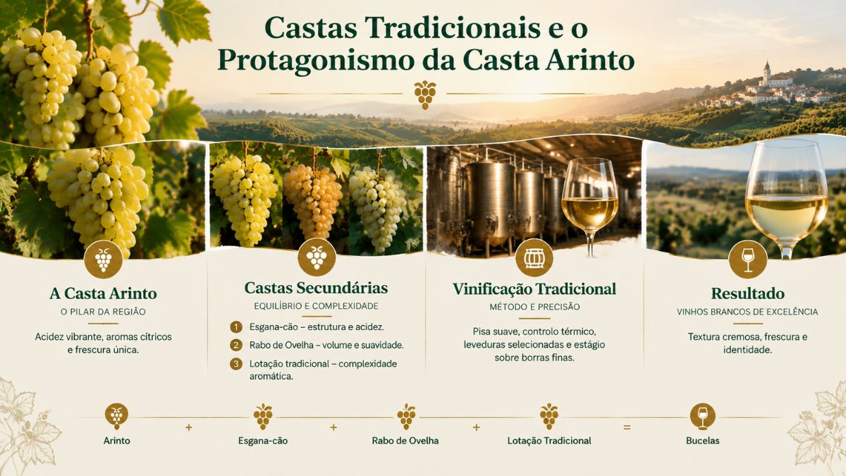 Infográfico sobre a casta Arinto, castas secundárias Esgana-cão e Rabo de Ovelha, vinificação tradicional e vinhos brancos de Bucelas.