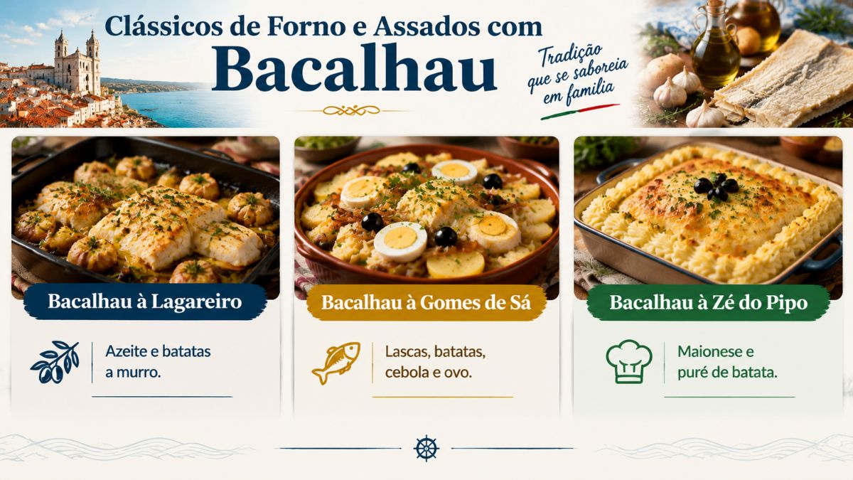 Infográfico com receitas de clássicos de forno e assados com bacalhau em Portugal, apresentando bacalhau à Lagareiro, bacalhau à Gomes de Sá e bacalhau à Zé do Pipo com os seus respetivos ingredientes principais.