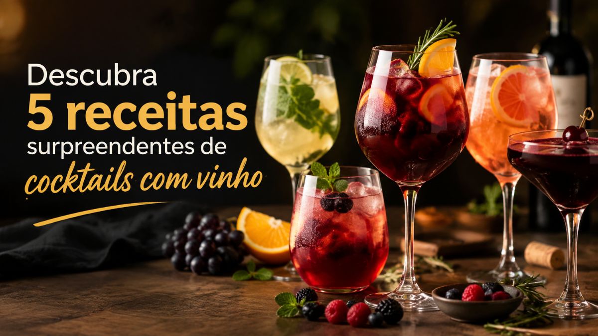 Uma variedade de cocktails coloridos e refrescantes feitos com vinho, incluindo misturas de tinto, branco e rosé com frutas frescas e ervas, dispostos sobre uma mesa de madeira rústica, com o texto: "Descubra 5 receitas surpreendentes de cocktails com vinho"