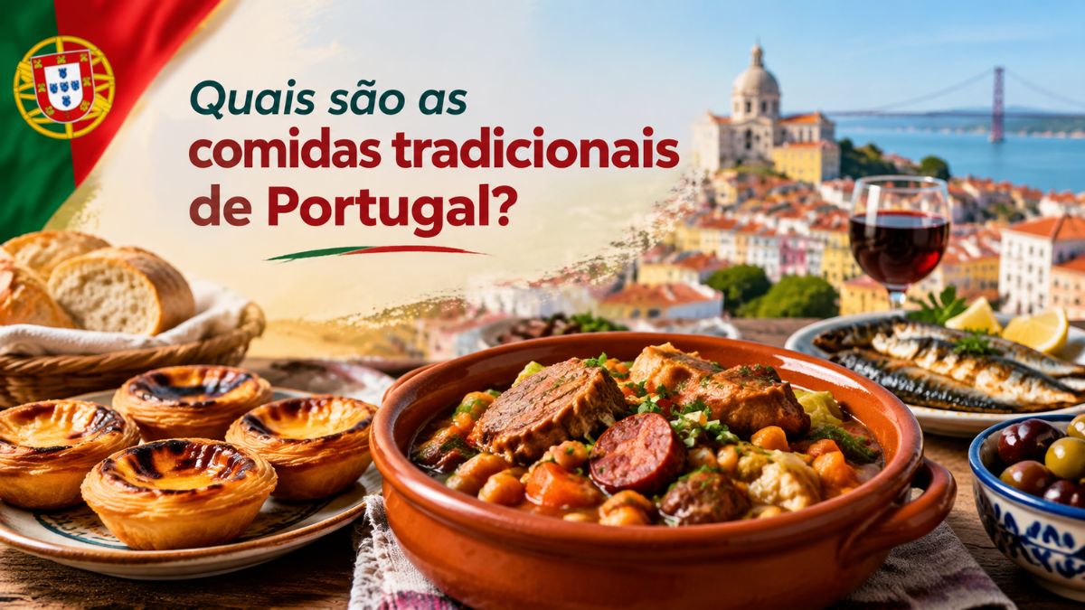 Mesa com pratos típicos da gastronomia portuguesa, incluindo pastéis de nata, guisado tradicional em recipiente de barro, sardinhas assadas, pão, azeitonas e vinho, com vista para Lisboa e o Panteão Nacional.
