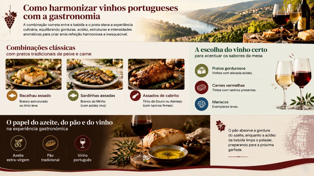 Infográfico ilustrado sobre como harmonizar vinhos portugueses com a gastronomia, apresentando combinações clássicas com bacalhau assado, sardinhas e cabrito assado, critérios de escolha para acentuar sabores e o papel do azeite, pão e vinho na mesa.