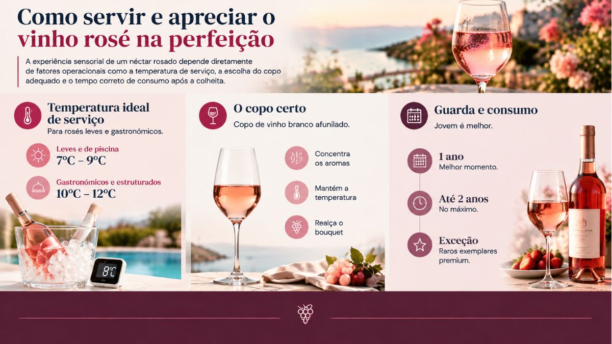Infográfico sobre como servir vinho rosé com indicações de temperatura ideal entre 7 ºC e 12 ºC, escolha do copo afunilado e tempo de guarda até 2 anos.