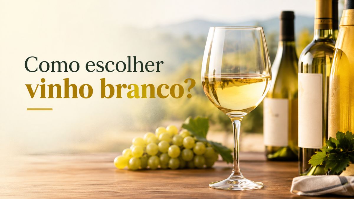 Copo de vinho branco cristalino ao lado de garrafas e um cacho de uvas verdes sobre mesa de madeira ao ar livre.