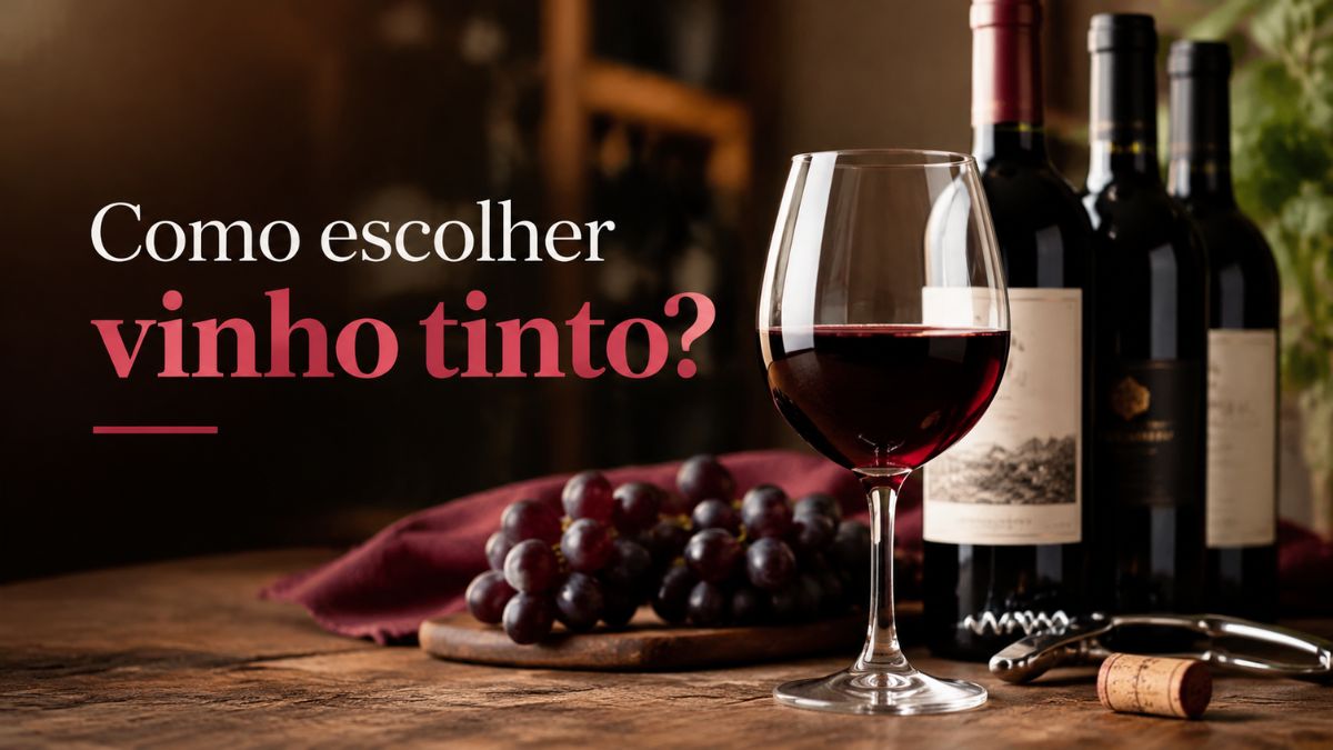 Copo de vinho tinto em primeiro plano ao lado de garrafas, uvas pretas e saca-rolhas sobre mesa de madeira, com o texto Como escolher vinho tinto.