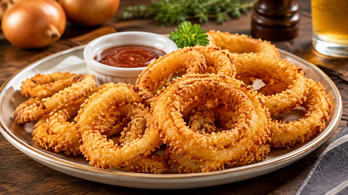Prato com anéis de cebola frita empanados e dourados acompanhados por molho barbecue em uma mesa de madeira.
