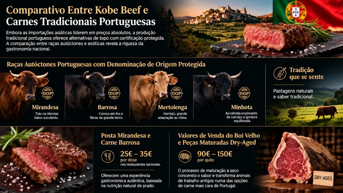 Infográfico comparativo entre a carne Kobe Beef e as raças bovinas autóctones de Portugal com certificação DOP, destacando as raças Mirandesa, Barrosa, Mertolenga e Minhota, além de preços de Posta Mirandesa e carne maturada Dry Aged.