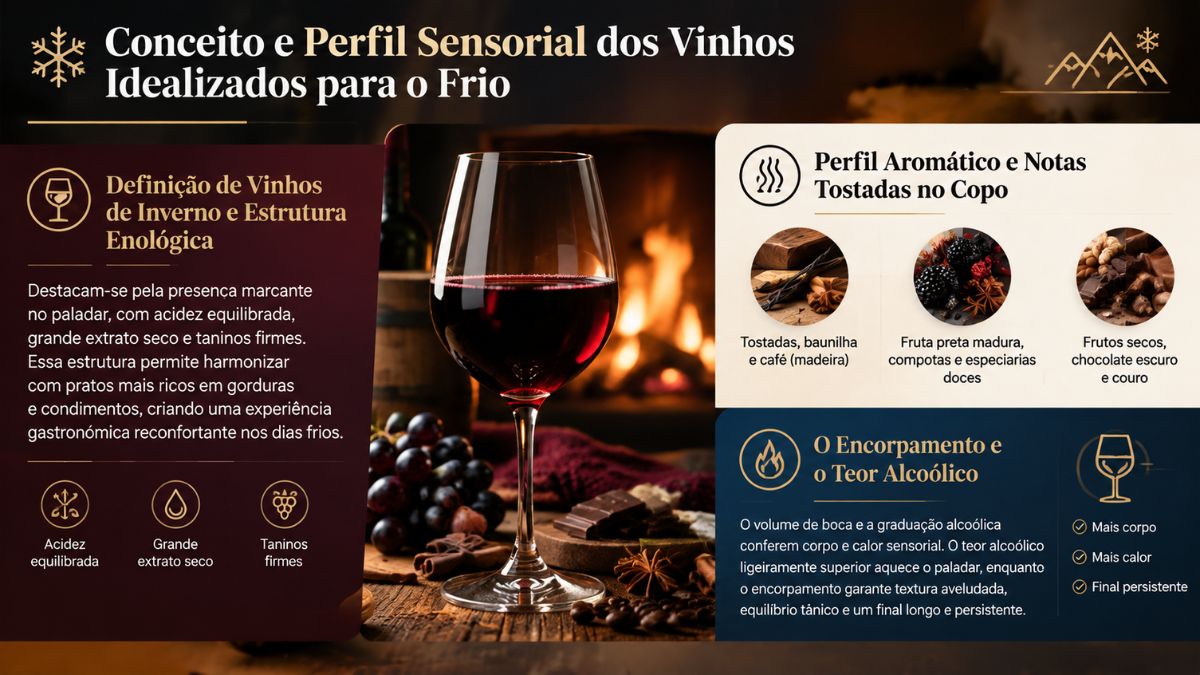Infográfico explicativo sobre conceito e perfil sensorial dos vinhos de inverno com copo de tinto e notas aromáticas de madeira e frutos secos.