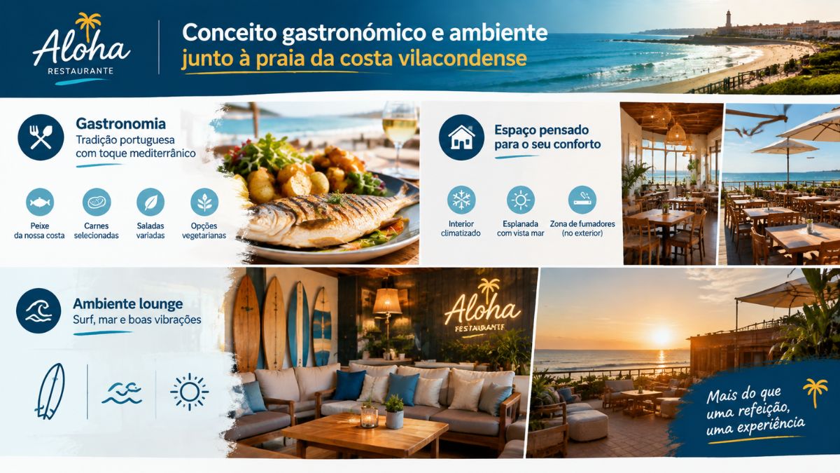 Infográfico explicativo sobre o conceito gastronómico e ambiente do restaurante Aloha em Vila do Conde. A imagem apresenta pratos de peixe grelhado da costa, carnes selecionadas, saladas variadas e opções vegetarianas. Destaca também o interior climatizado, a esplanada exterior com vista para o mar, a zona para fumadores e a decoração em estilo lounge inspirada na cultura do surf e na praia.